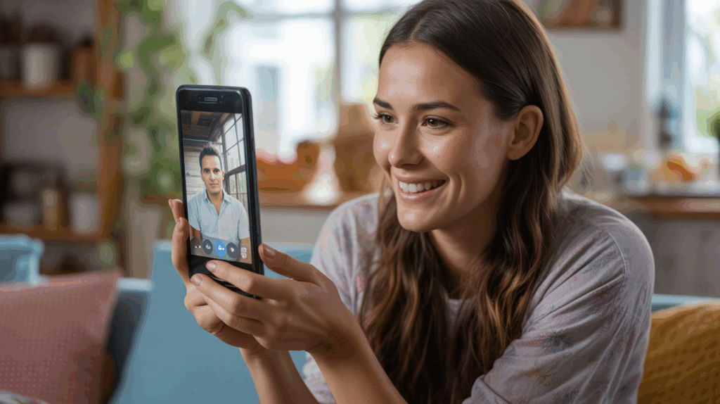 Femme souriante en visioconférence avec son partenaire dans un salon chaleureux, scène réaliste et naturelle illustrant une romance à distance.