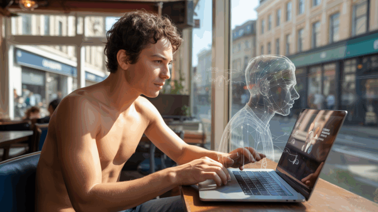 Scène réaliste d’une personne utilisant un ordinateur dans un café lumineux, avec des éléments subtils évoquant les algorithmes de mise en relation.