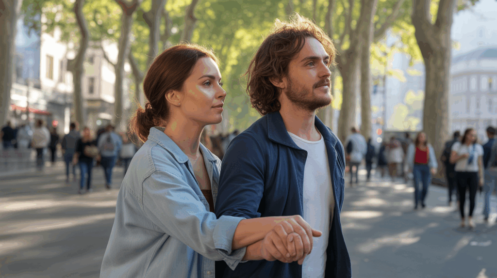 Couple marchant main dans la main dans un parc urbain au coucher du soleil, exprimant une complicité sincère