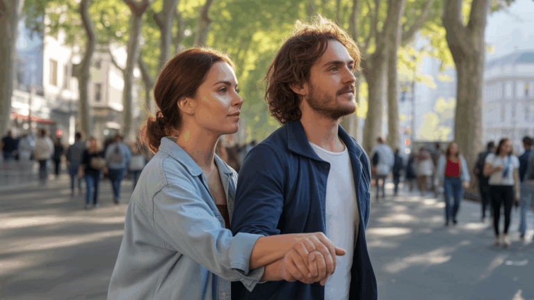 Couple marchant main dans la main dans un parc urbain au coucher du soleil, exprimant une complicité sincère