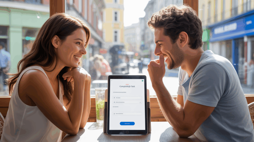 Couple réaliste dans un café regardant ensemble un test de compatibilité en ligne sur une tablette, dans une scène naturelle et authentique.