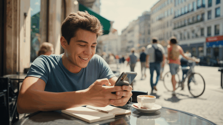 Personne assise en terrasse de café, souriant en envoyant un message sur son téléphone dans une rue animée et réaliste.