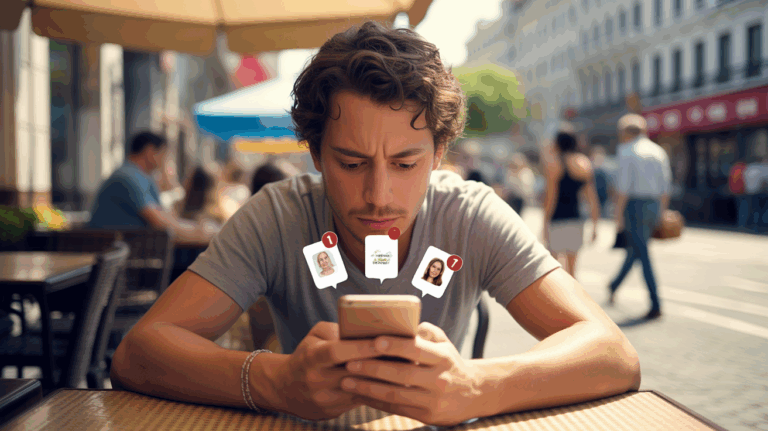 Jeune adulte assis à une terrasse de café, l’air fatigué en regardant son téléphone, avec une scène de rue réaliste et vivante en arrière-plan.