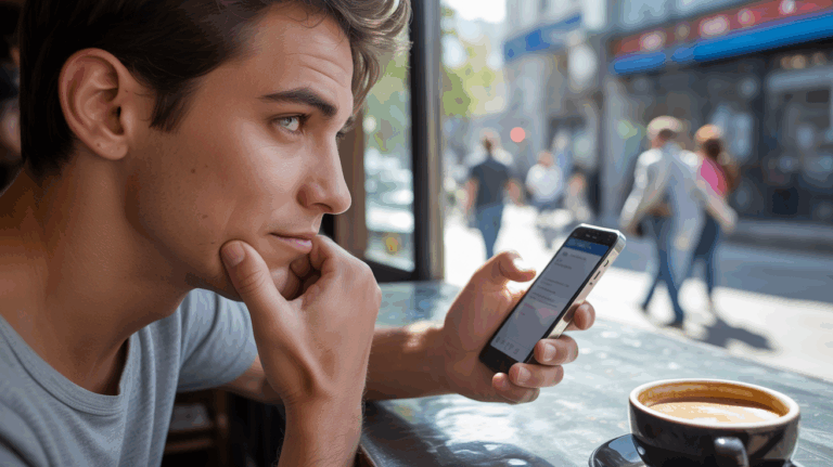 Personne assise dans un café regardant son téléphone avec une expression réfléchie, prête à envoyer un message, dans une scène réaliste et naturelle.
