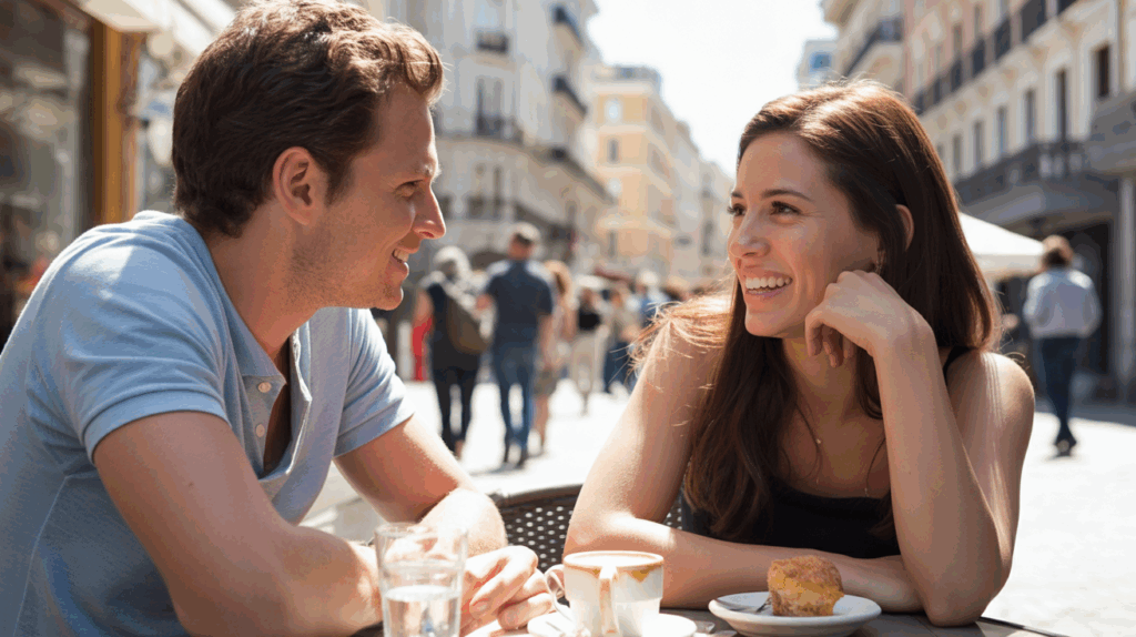 Scène réaliste d’un premier rendez-vous en terrasse, un homme et une femme discutant avec une atmosphère naturelle et détendue.