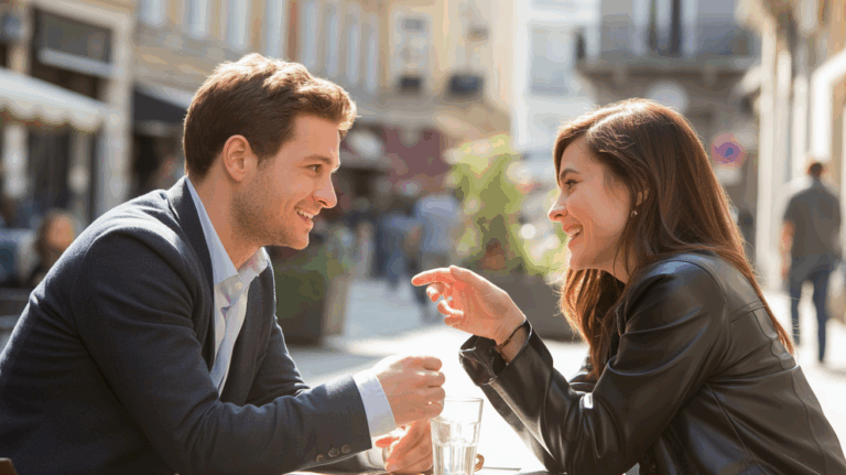 Scène réaliste d’un premier rendez-vous dans un café extérieur avec un couple discutant naturellement dans une rue européenne.