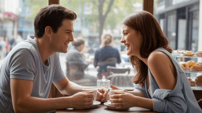 Scène réaliste d’un premier rendez-vous détendu dans un café chaleureux, montrant deux personnes souriantes et naturelles.