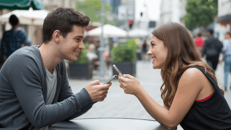 Scène réaliste d’un homme et d’une femme se rencontrant pour la première fois après avoir discuté en ligne, assis à une terrasse de café en ville et partageant un moment authentique.