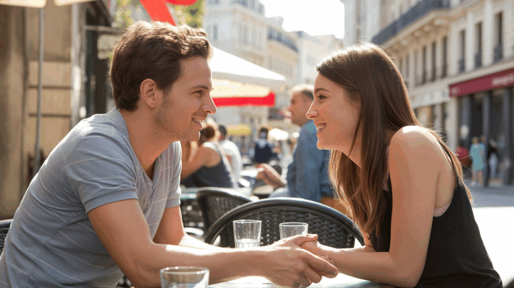 Deux personnes se rencontrent pour la première fois dans un café urbain en plein air, ambiance naturelle et réaliste.