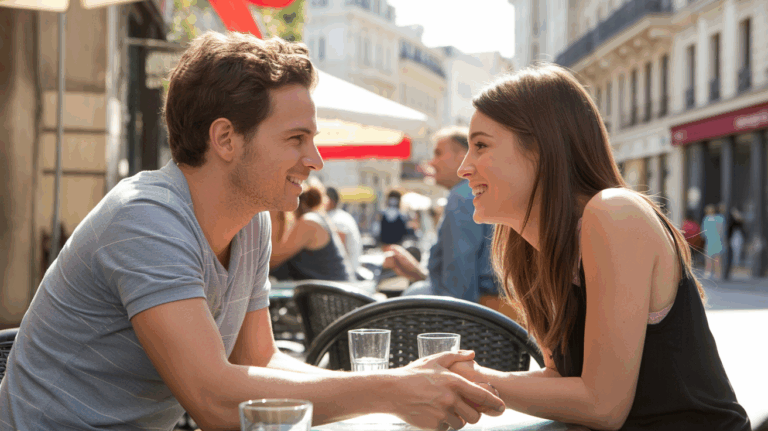 Deux personnes se rencontrent pour la première fois dans un café urbain en plein air, ambiance naturelle et réaliste.
