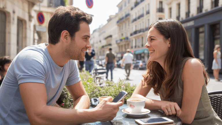 Un couple se rencontre pour la première fois en terrasse d’un café, discutant avec spontanéité dans une rue animée, évoquant une relation naissante et authentique.