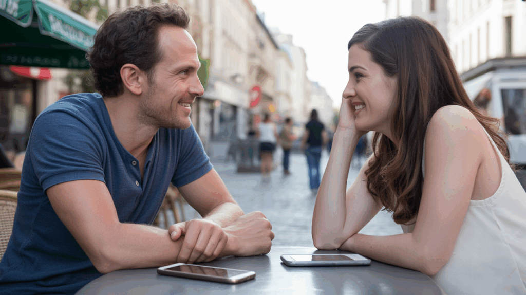Deux personnes se rencontrent pour la première fois en terrasse après avoir discuté en ligne, partageant un moment naturel et authentique dans un cadre urbain réel.