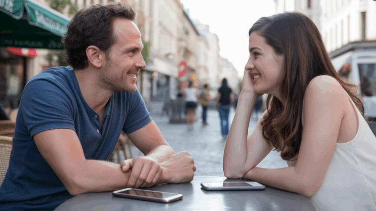 Deux personnes se rencontrent pour la première fois en terrasse après avoir discuté en ligne, partageant un moment naturel et authentique dans un cadre urbain réel.