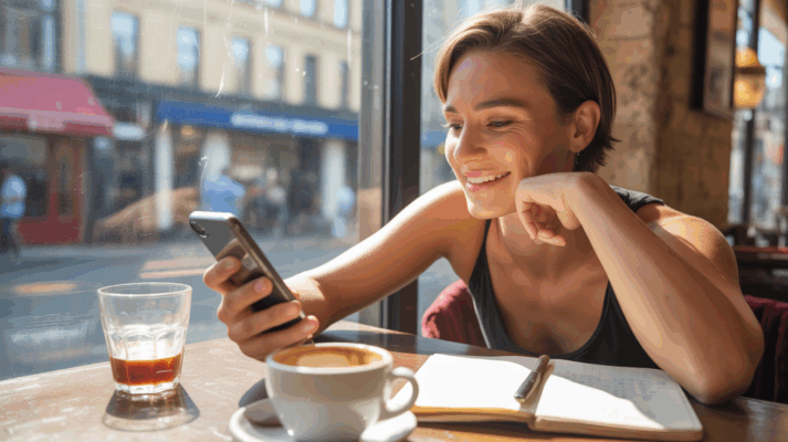 Personne assise dans un café ensoleillé rédigeant un premier message sur son téléphone avec une atmosphère chaleureuse et naturelle.