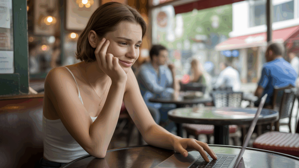 Personne timide tapant un message sur un ordinateur dans un café chaleureux, symbolisant les premiers pas dans l’amour en ligne.