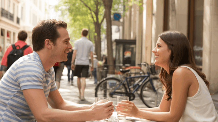 Scène réaliste d’un premier rendez-vous dans un café en terrasse au coucher du soleil, avec un homme et une femme discutant avec naturel dans un décor urbain authentique.