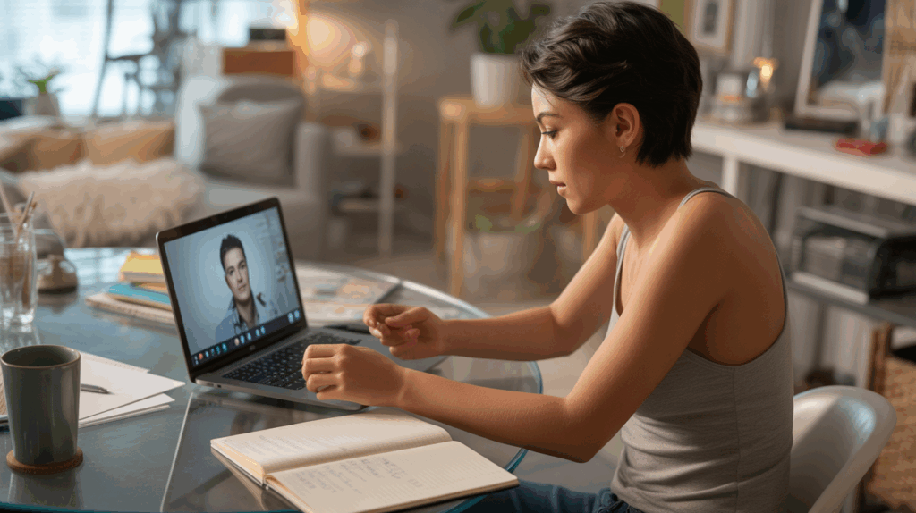 Personne concentrée préparant des questions pour un speed dating en ligne dans un appartement chaleureux et réaliste.