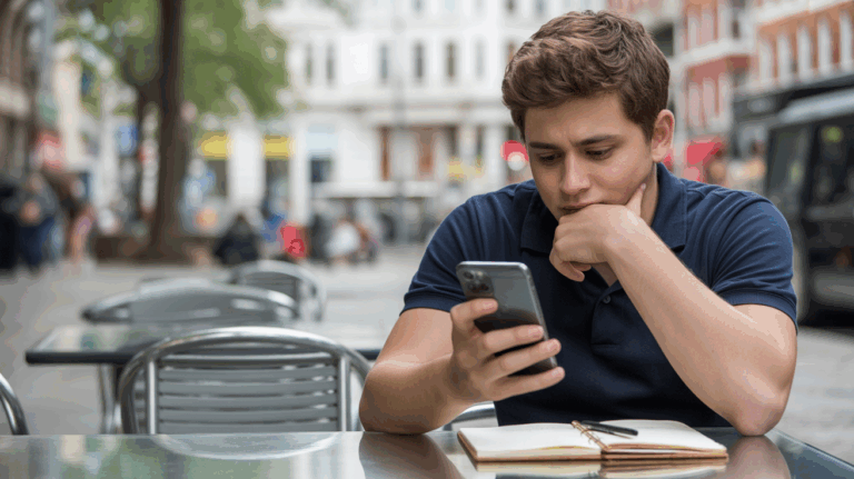 Personne assise dans un café en extérieur examinant des profils de rencontres sur son téléphone avec un air pensif.