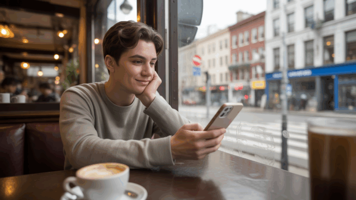 Personne assise dans un café réel, regardant son téléphone avec une expression sincère et réfléchie, ambiance naturelle et chaleureuse évoquant la relance d’une conversation en ligne sans insistance.