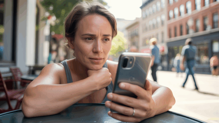 Personne assise à une table de café en plein air, regardant son téléphone avec un air réfléchi, dans une scène urbaine réaliste et lumineuse.