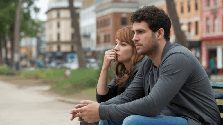 Couple assis sur un banc de parc en ville, montrant une distance émotionnelle subtile dans un décor réaliste et naturel.