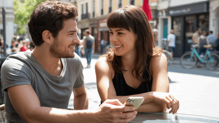 Couple réel assis à une terrasse de café en ville, partageant un moment complice après s’être rencontrés sur une appli de rencontre.