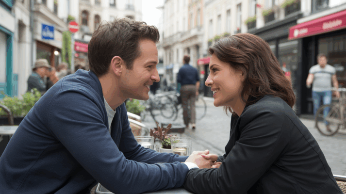 Un couple se rencontrant pour la première fois dans un café en plein air dans une rue européenne, discutant de l’officialisation de leur relation.