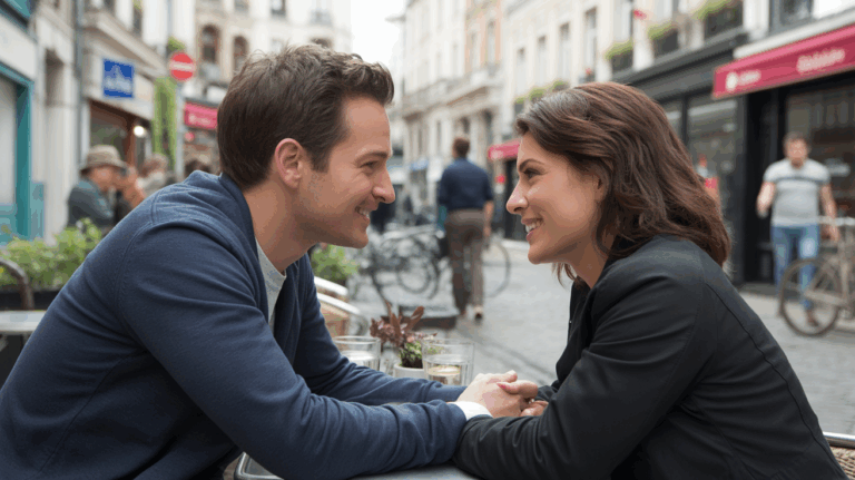 Un couple se rencontrant pour la première fois dans un café en plein air dans une rue européenne, discutant de l’officialisation de leur relation.