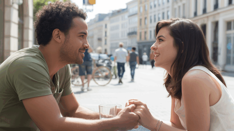 Un couple assis dans un café en plein air discutant naturellement, exprimant une connexion authentique et des valeurs partagées dans un décor urbain réaliste.