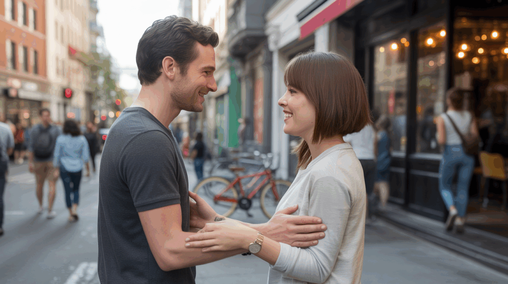 Deux personnes se rencontrent pour la première fois devant un café en ville, dans une scène réaliste et chaleureuse, reflétant le passage d’un match en ligne à un vrai rendez-vous.