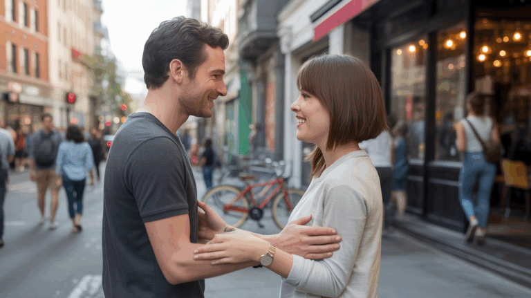 Deux personnes se rencontrent pour la première fois devant un café en ville, dans une scène réaliste et chaleureuse, reflétant le passage d’un match en ligne à un vrai rendez-vous.