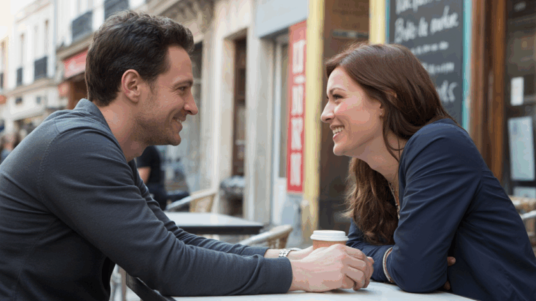 Deux personnes se rencontrent pour la première fois dans un café en plein air, dans une rue européenne authentique, discutant avec naturel et complicité.