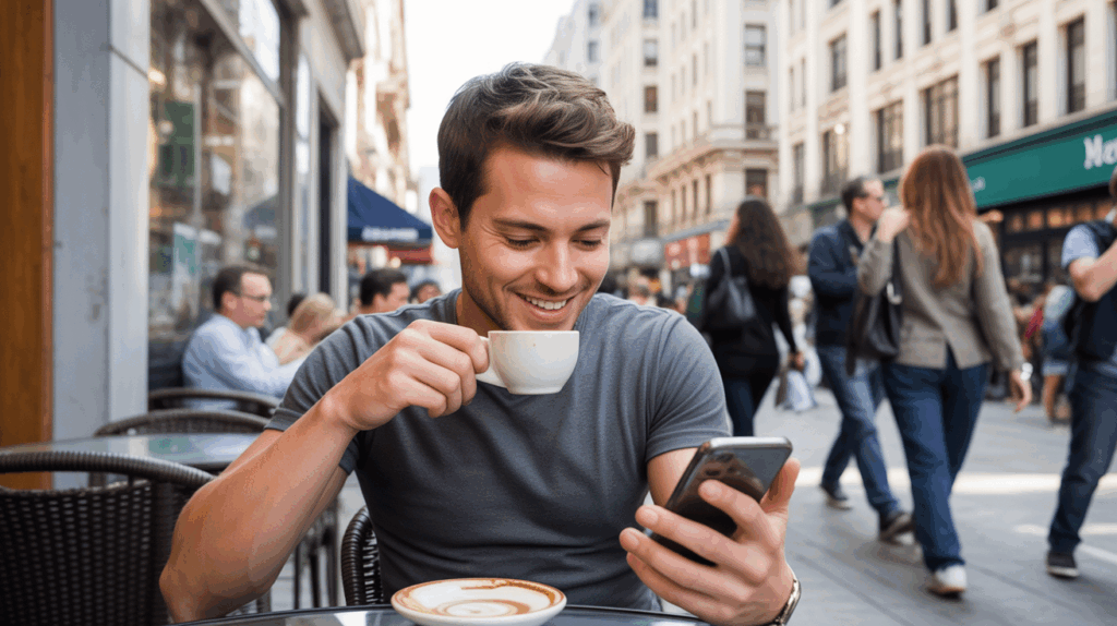 Jeune adulte détendu à une terrasse de café en ville consultant son téléphone pour organiser ses rendez-vous, ambiance naturelle et authentique d’une rue animée.
