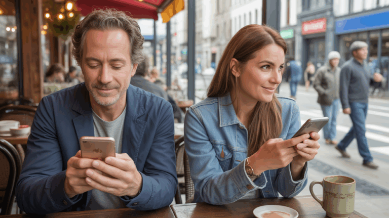 Scène réaliste dans un café où deux adultes de 30 à 50 ans utilisent leur téléphone avec une atmosphère chaleureuse et naturelle.