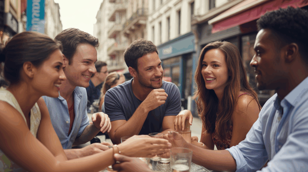 Scène réaliste montrant de jeunes adultes discutant autour d’une terrasse de café, exprimant ouverture et connexion dans un cadre urbain authentique.