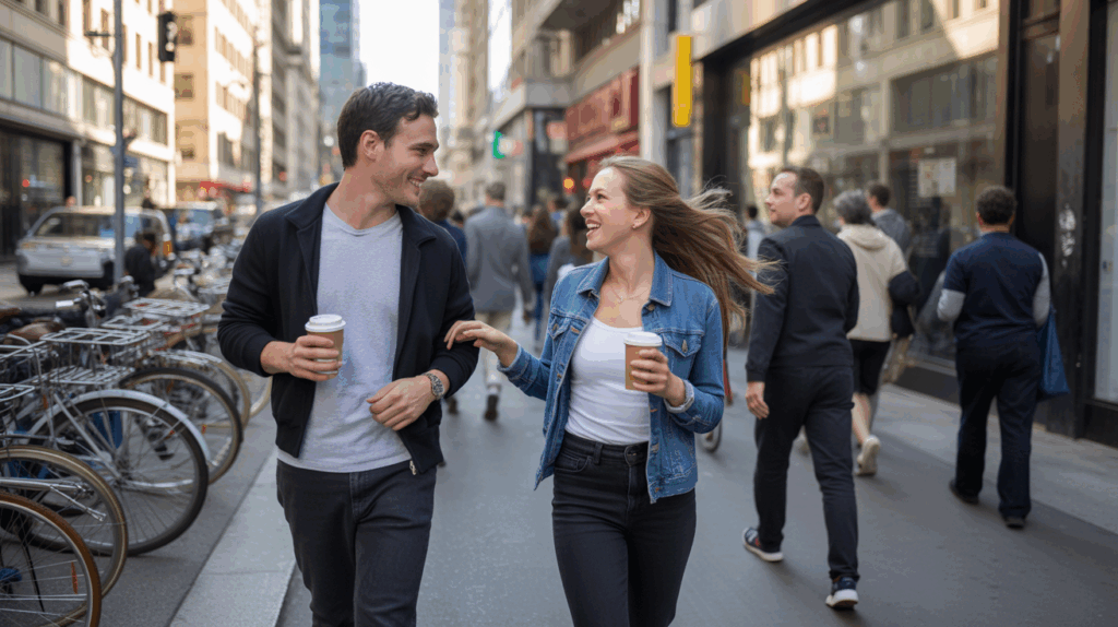 Deux inconnus se croisent en ville et échangent un sourire spontané dans une scène urbaine réaliste et naturelle.