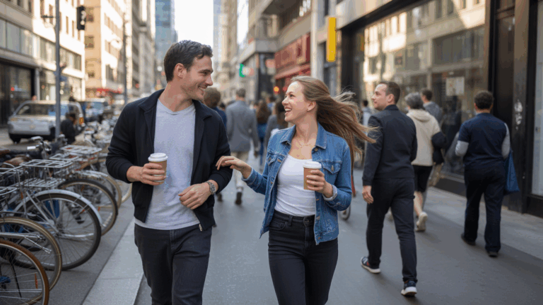 Deux inconnus se croisent en ville et échangent un sourire spontané dans une scène urbaine réaliste et naturelle.