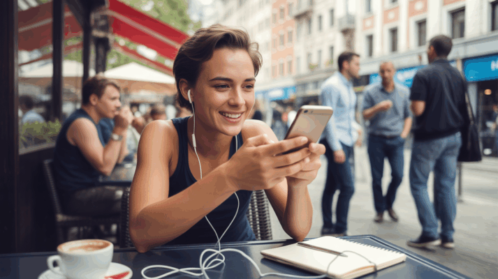 Jeune adulte assis à une terrasse de café tenant un smartphone, dans une scène réaliste et naturelle représentant une conversation en ligne authentique.