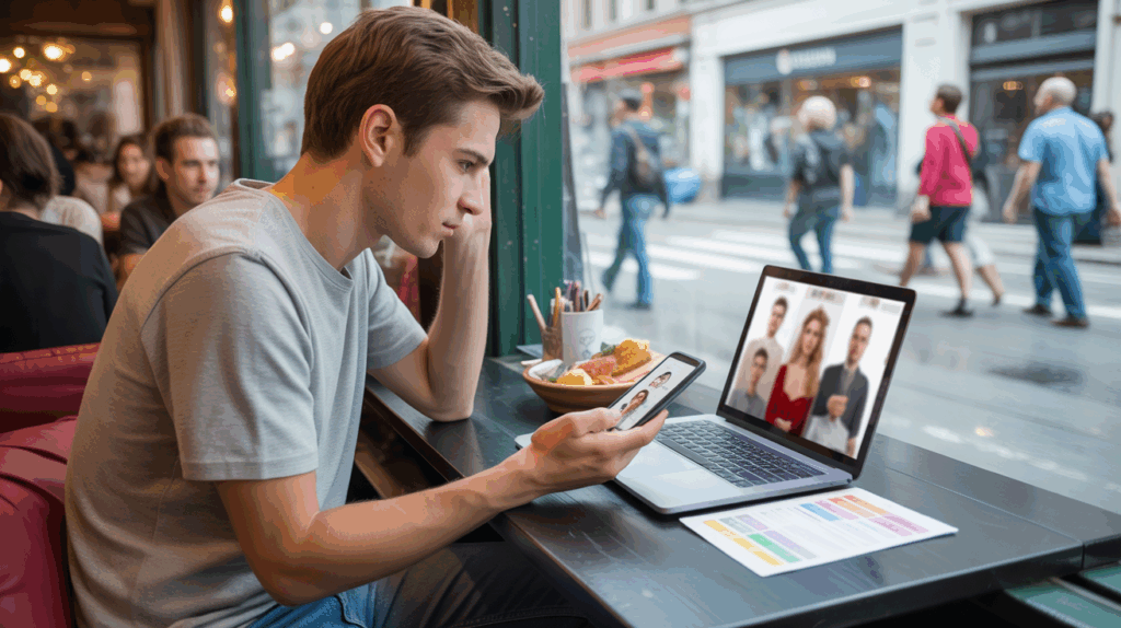 Scène réaliste dans un café montrant une personne triant des profils de rencontres en ligne sur un ordinateur portable et un téléphone.
