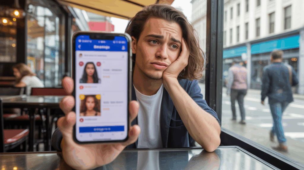 Personne confuse regardant son téléphone dans un café, illustrant de façon réaliste les erreurs courantes dans les rencontres en ligne.
