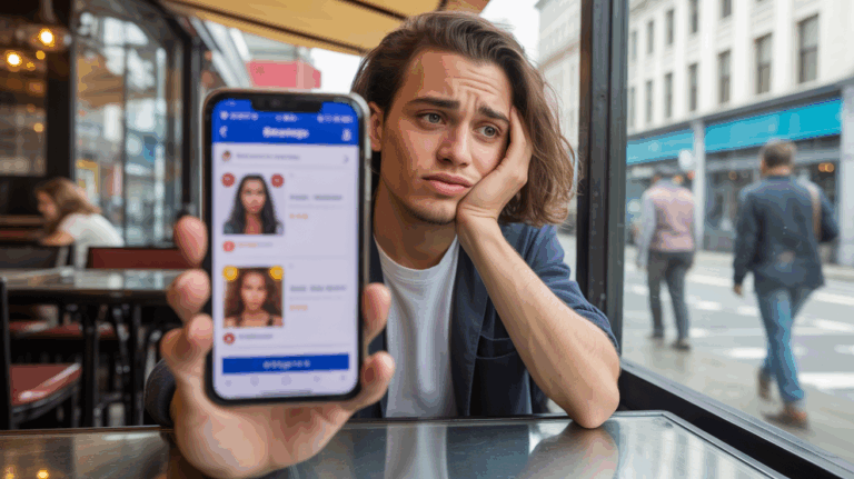 Personne confuse regardant son téléphone dans un café, illustrant de façon réaliste les erreurs courantes dans les rencontres en ligne.