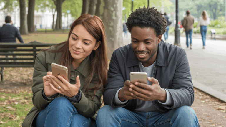 Deux personnes assises sur un banc de parc, consultant leur application de rencontre sur leur téléphone dans une scène réaliste et naturelle.