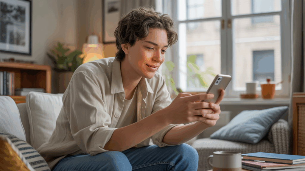 Personne assise dans un appartement réel et chaleureux, en train d’envoyer un message sur une application de rencontre, avec lumière naturelle et ambiance authentique.