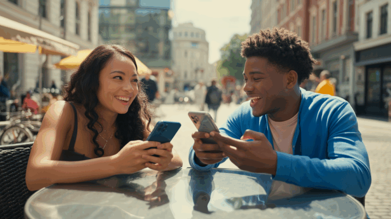 Deux jeunes adultes assis en terrasse de café, utilisant leur téléphone avec un air curieux et naturel, dans une scène urbaine réaliste et ensoleillée.