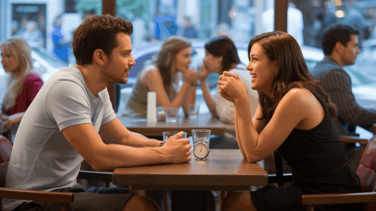 Scène réaliste dans un café pendant une session de speed dating, avec un couple discutant et un minuteur sur la table.