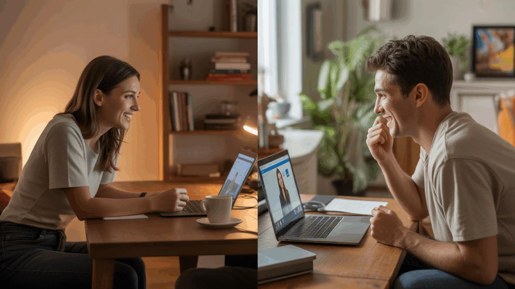 Scène réaliste montrant deux personnes en appel vidéo pour un speed dating en ligne depuis leurs intérieurs naturels et authentiques.