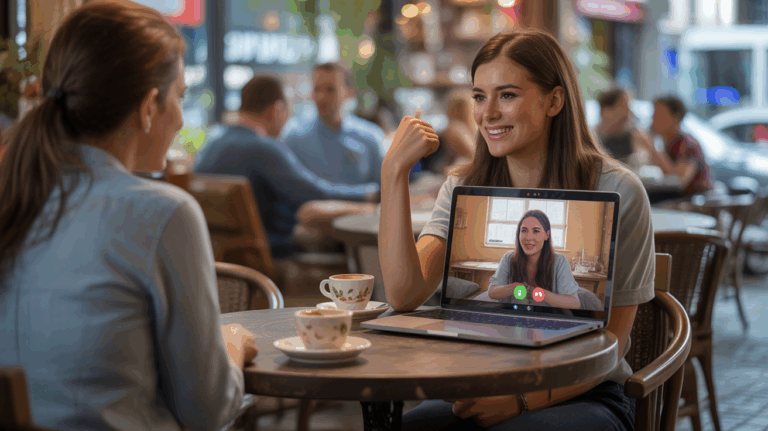 Scène réaliste montrant une femme dans un café discutant en face à face tout en participant aussi à un appel vidéo, illustrant le choix entre speed dating en ligne et en personne.