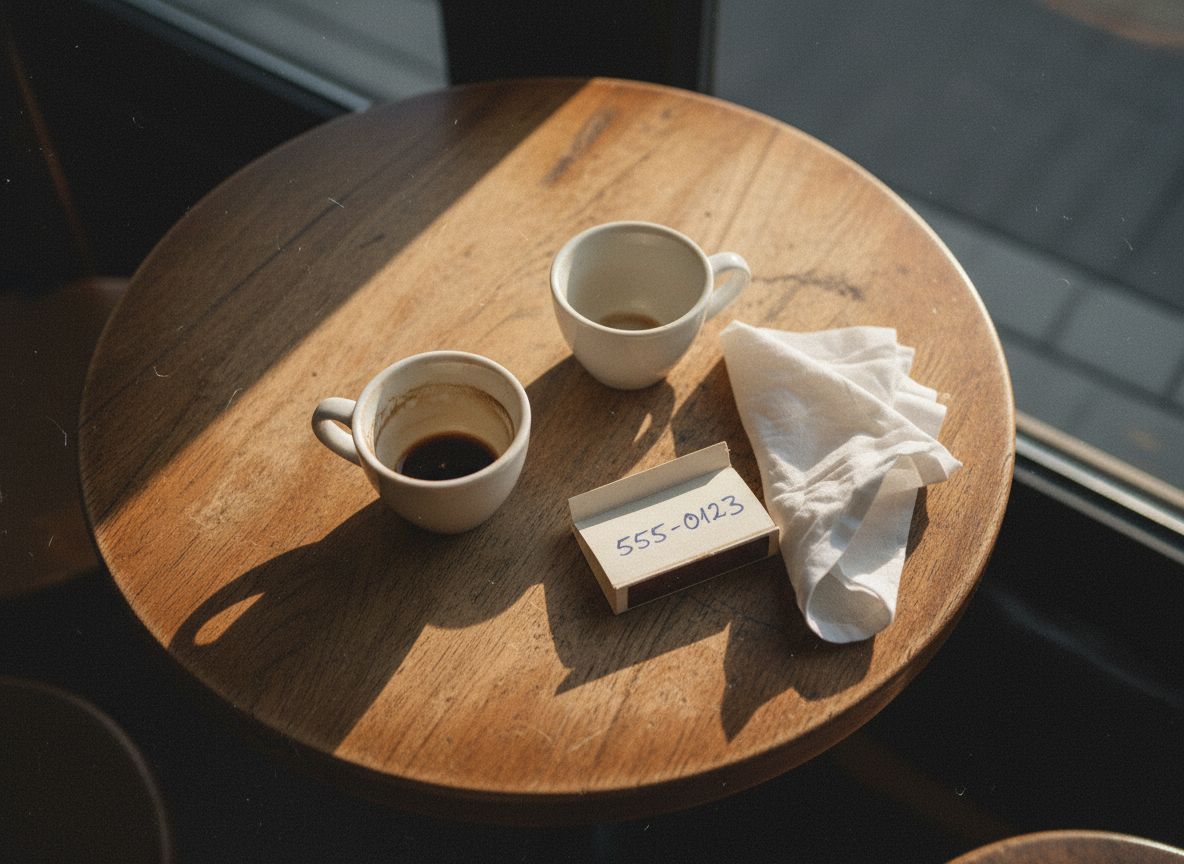 Une table de café en bois, deux tasses, une pochette d'allumettes ouverte